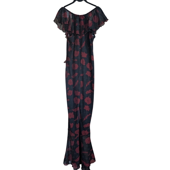 🌹 Free People Black & Crimson Floral Ruffle Flare Jumpsuit – S - Picture 7 of 9